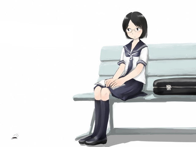 Woman sitting bench suitcase manga free wallpaper - medium preview image