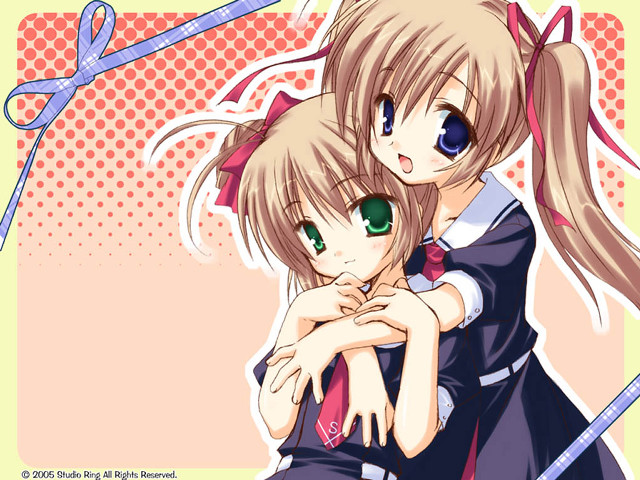 Anime girls hug ribbon bow free wallpaper - medium preview image