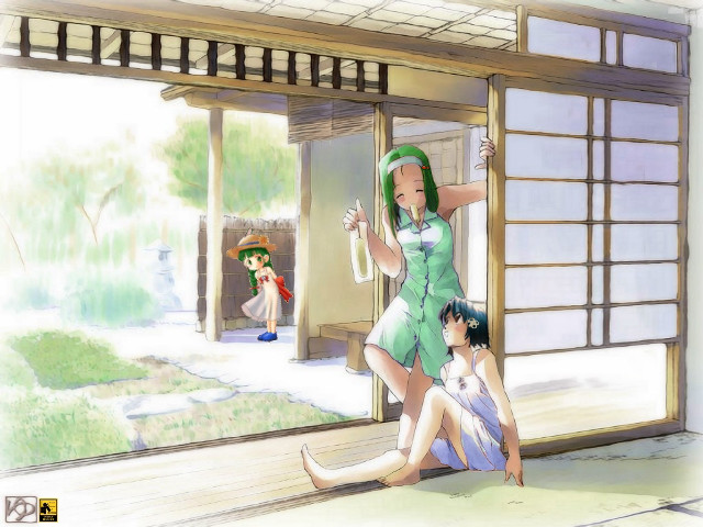 Woman green dress boy umbrella free wallpaper - medium preview image