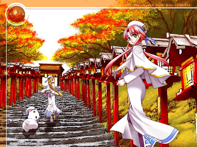 Woman dog autumn anime bridge free wallpaper - medium preview image
