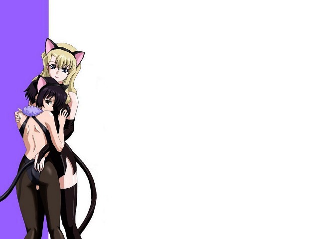 Anime characters hugging purple white free wallpaper - medium preview image