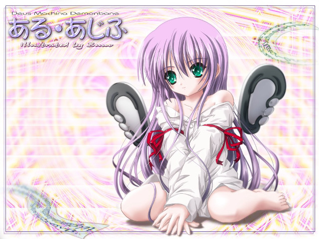 Purple hair green eyes sitting free wallpaper - medium preview image