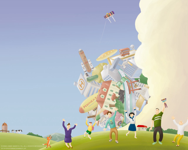 Kites flying people field buildings free wallpaper - medium preview image