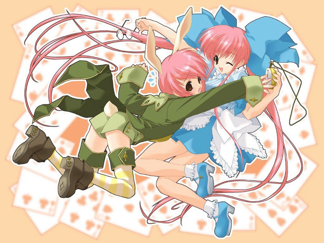 Anime hugging girls pinkhair rabbitears free wallpaper - medium preview image