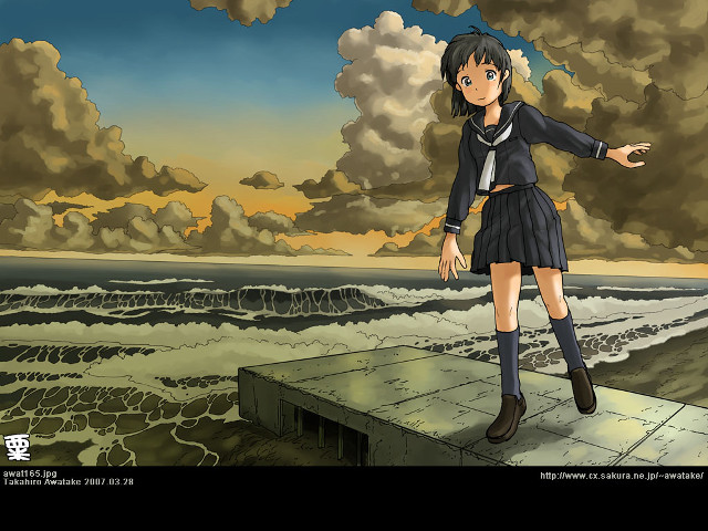 Girl ledge cloudy sky ocean free wallpaper - medium preview image
