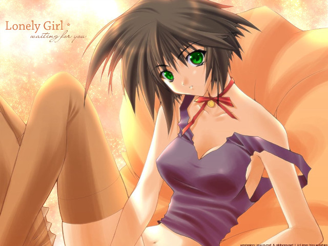 Anime girl purple shirt green free wallpaper - medium preview image