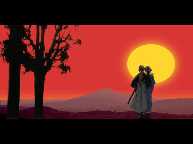Sunset mountains trees japanese figures free wallpaper - medium preview image