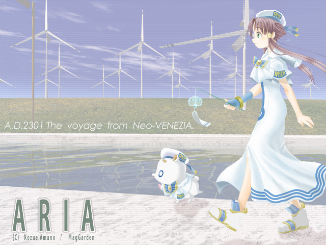 Woman pond windmills white dress free wallpaper - medium preview image