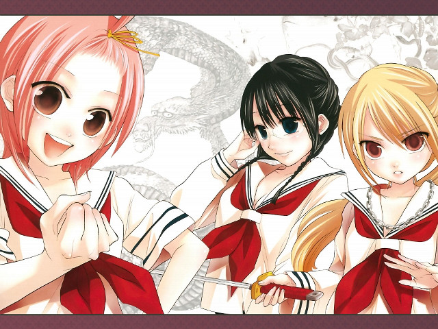 Three anime girls pink red free wallpaper - medium preview image