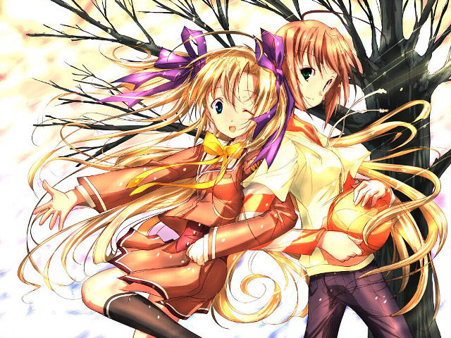 Anime hugging girls tree bird #2 free wallpaper for desktop - medium preview image