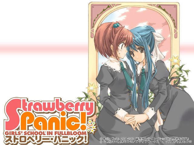 Anime hugging girls mirror strawberry free wallpaper for desktop - medium preview image