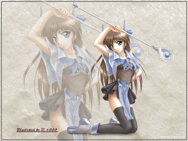 Anime girl sword kneeling brownhair free wallpaper - medium preview image