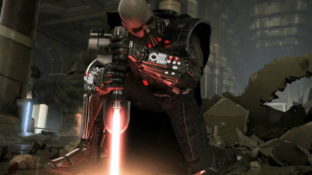 Man kneeling lightsaber dark room free wallpaper - medium preview image