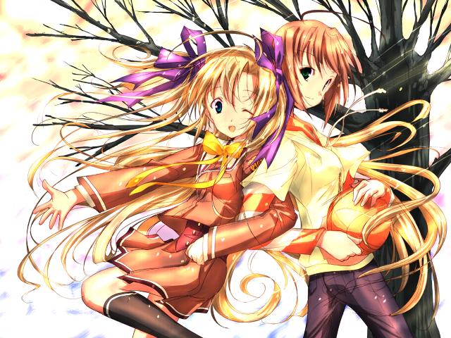 Anime hugging girls tree bird free wallpaper - medium preview image