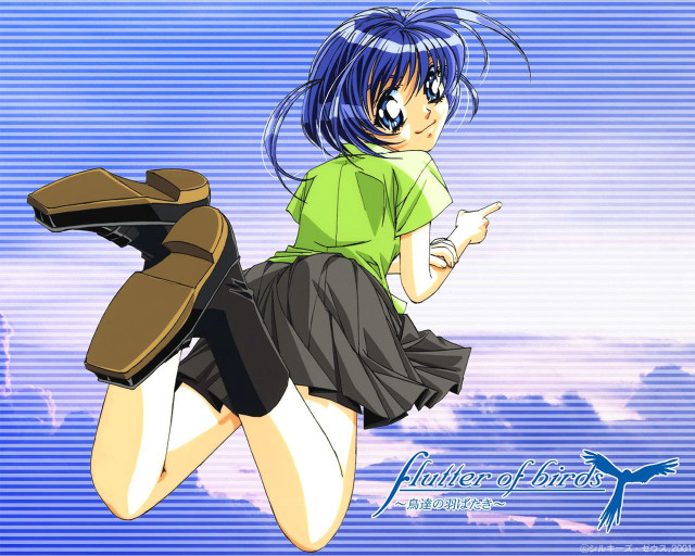 Girl flying backpack bluehair striped free wallpaper - medium preview image