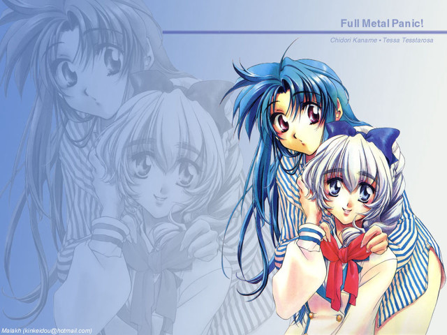 Anime girls hug blue background free wallpaper - medium preview image