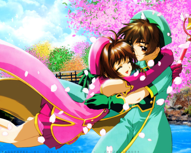 Anime hugging couple cherry blossoms free wallpaper - medium preview image