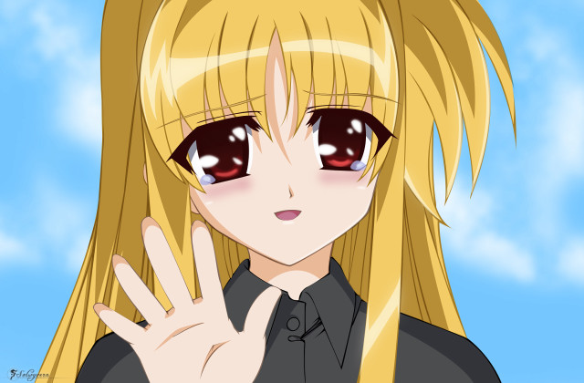 Blonde girl vulcan sign blue free wallpaper - medium preview image