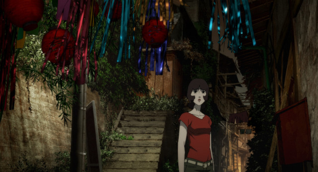 Woman redshirt greenpants hallway redumbrella free wallpaper - medium preview image