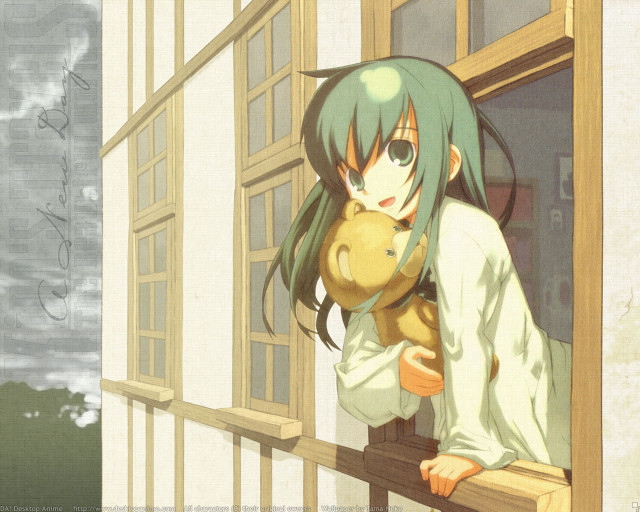 Girl teddy bear window green free wallpaper - medium preview image