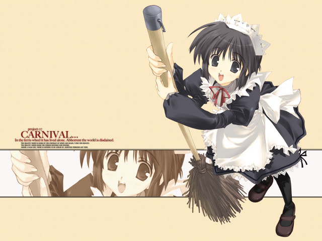 Anime maid broom portrait joyful free wallpaper - medium preview image