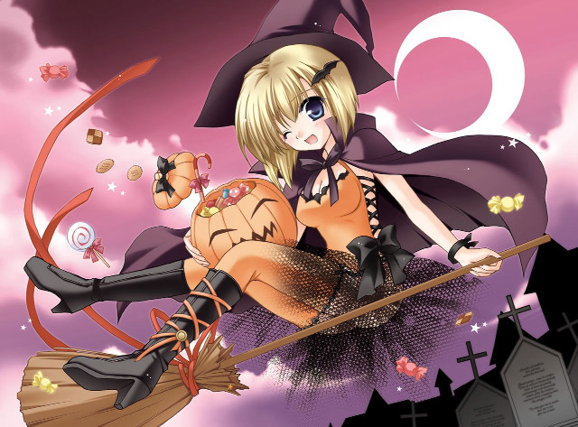 Witch broom pumpkin fullmoon anime free wallpaper - medium preview image