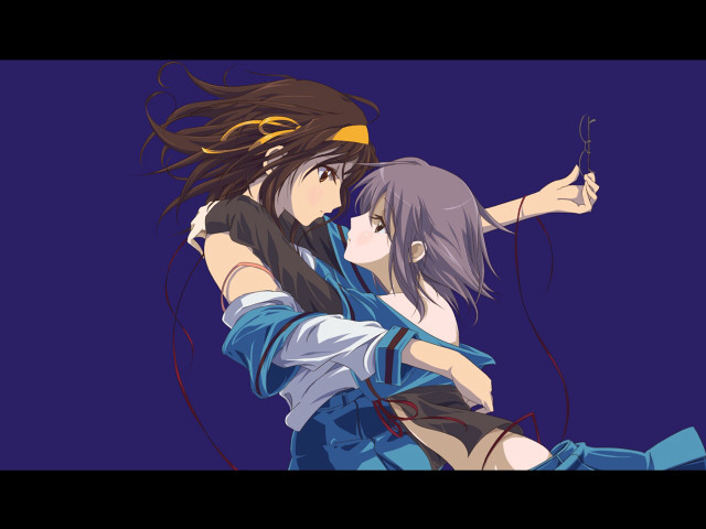 Anime couple hug purple background free wallpaper - medium preview image