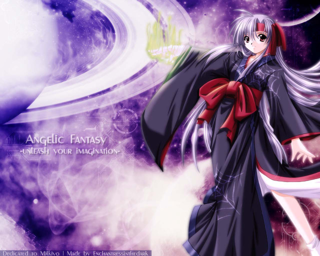 Anime whitehair blackdress redscarf purplebg free wallpaper - medium preview image