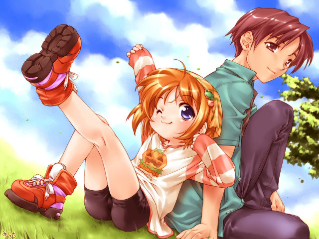 Couple sitting on grass under free wallpaper - medium preview image