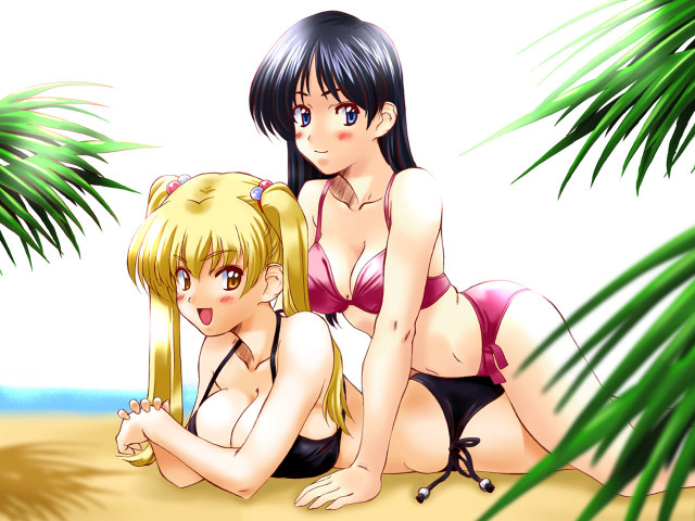 Beach palm trees bikinis anime free wallpaper - medium preview image