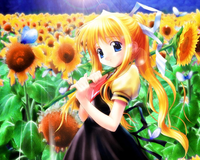 Sunflower girl umbrella blue butterfly free wallpaper - medium preview image