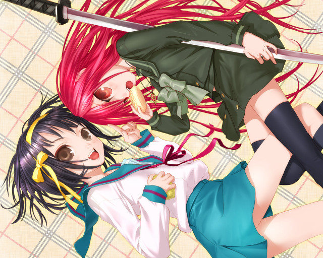 Red hair anime girls swords free wallpaper - medium preview image