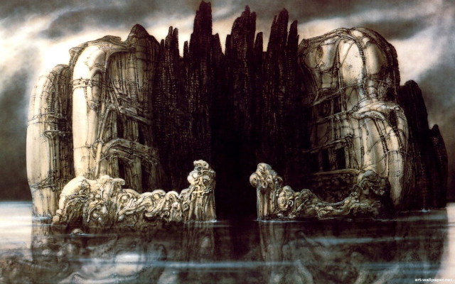 Castle water people rocks painting free wallpaper - medium preview image