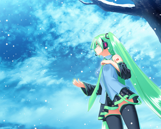 Anime girl green hair snowy free wallpaper - medium preview image