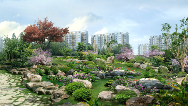 Garden rocks flowers buildings background free wallpaper - medium preview image