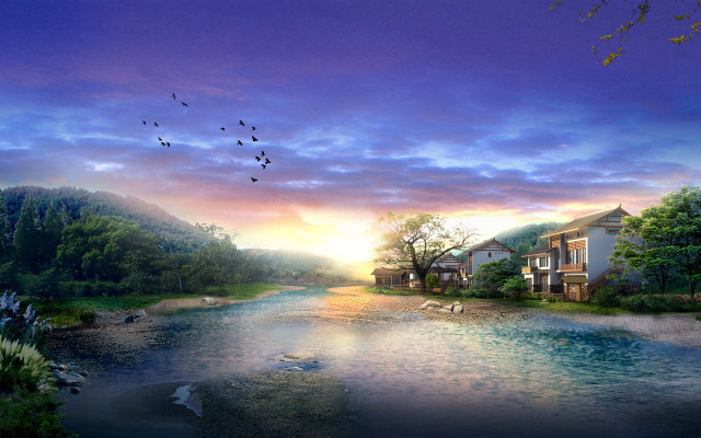 River houses birds sunset dawn free wallpaper - medium preview image