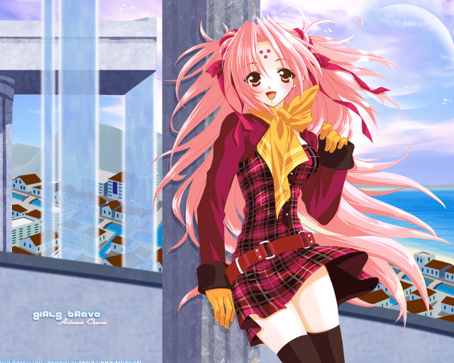 Pink haired girl ocean city free wallpaper - medium preview image