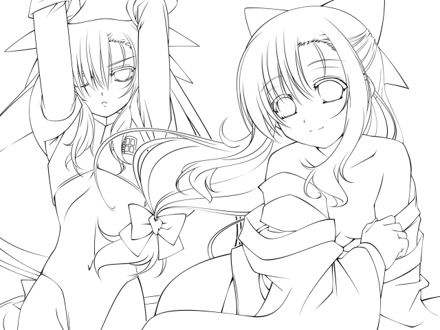 Anime girls cat room lineart free wallpaper - medium preview image