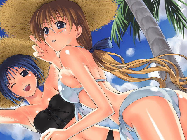 Beach bikinis palm trees blue free wallpaper - medium preview image