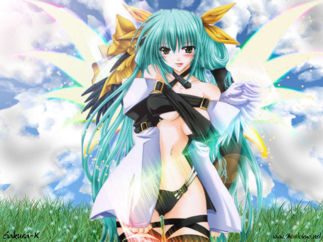 Green hair girl wings sword free wallpaper - medium preview image