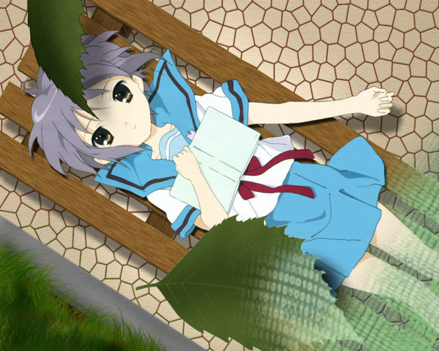 Anime girl bench green plant free wallpaper - medium preview image