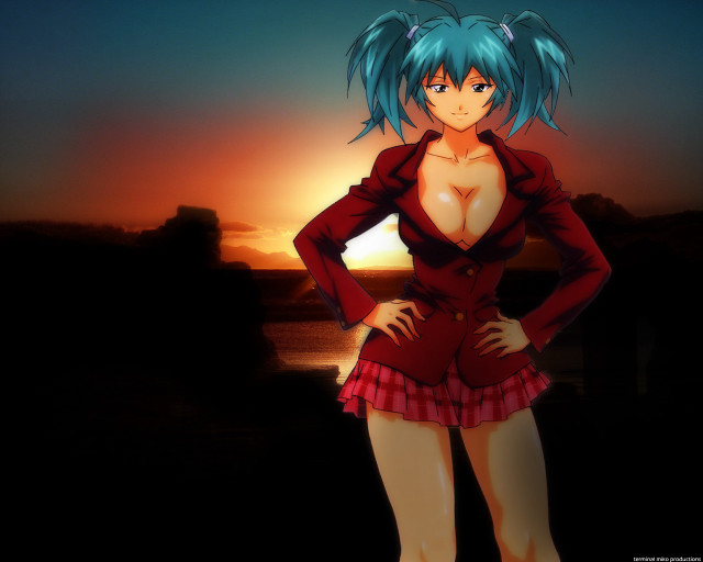Red dress sunset anime giantess free wallpaper for desktop - medium preview image