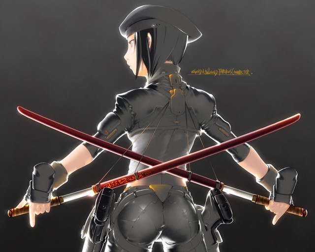 Woman sword holding cyberpunk uniform free wallpaper - medium preview image