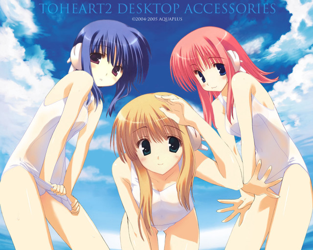 Three anime girls water beach free wallpaper - medium preview image