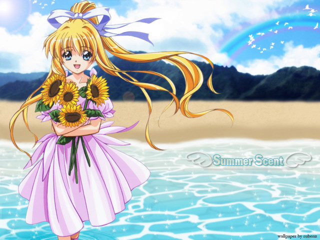 Girl sunflowers beach water anime free wallpaper - medium preview image