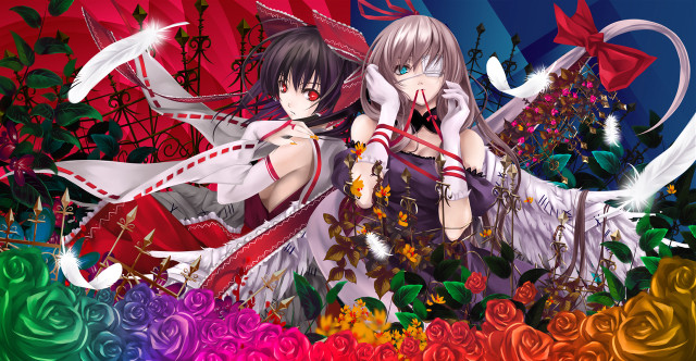 Anime girls colorful roses sword free wallpaper for desktop - medium preview image