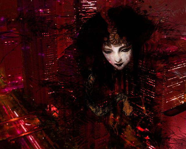 Gothic giantess cyberpunk blood silhouette free wallpaper - medium preview image