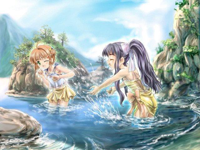 Anime girls water rock formation free wallpaper - medium preview image