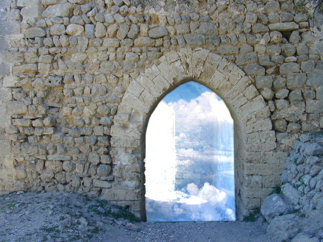 Stone wall window sky reflection free wallpaper - medium preview image