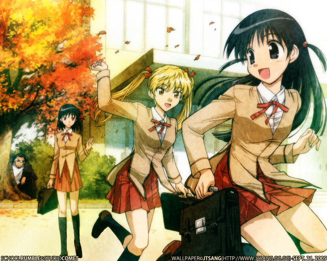 Schoolgirls autumn leaves tree uniforms free wallpaper - medium preview image